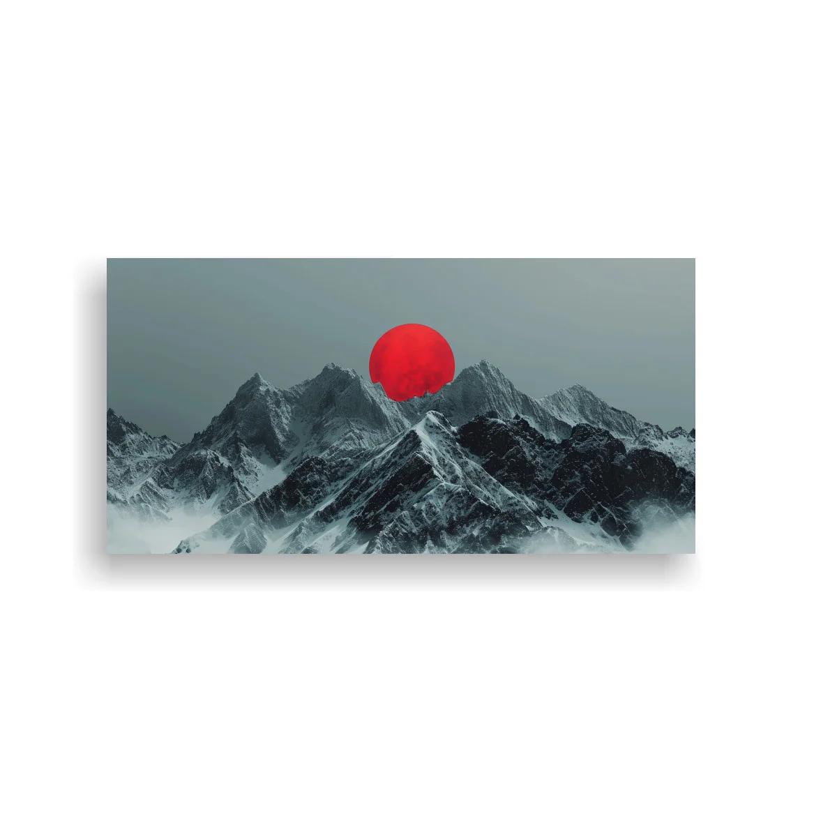 Cuadro cordillera de montañas nevadas con sol rojo