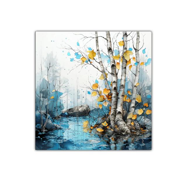 Paisaje sereno de abedules con hojas doradas reflejadas en agua