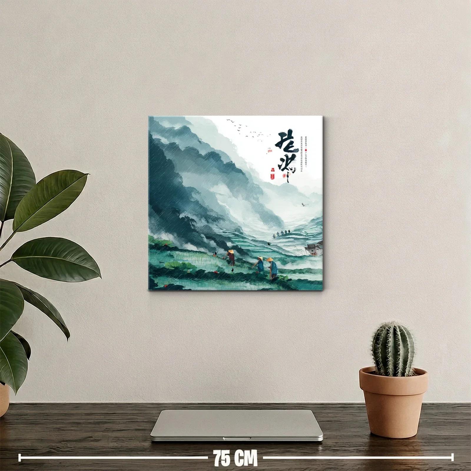Paisaje sereno con montañas y campesinos en tonos verdes y azules — miniatura 2