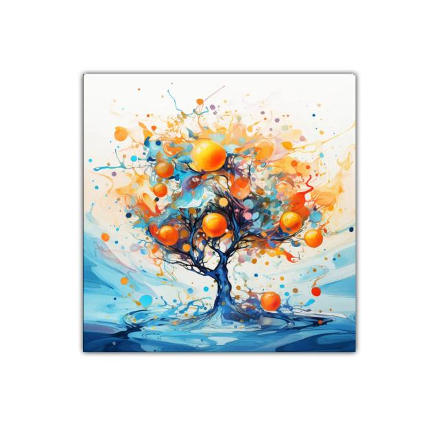 Árbol vibrante con frutos anaranjados sobre fondo azul