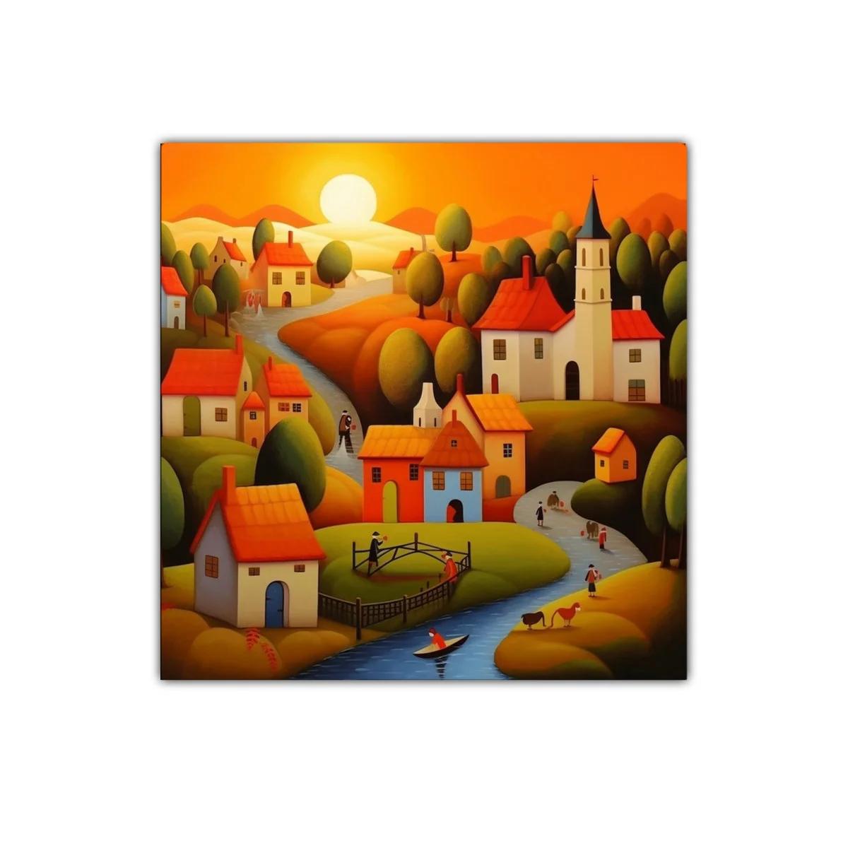 Paisaje de pueblo al atardecer con tonos cálidos y armoniosos