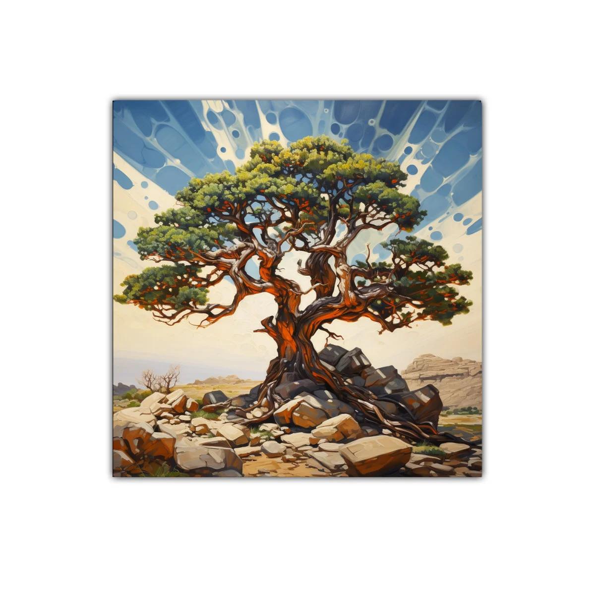 Árbol robusto con ramas entrelazadas sobre rocas áridas — imagen principal
