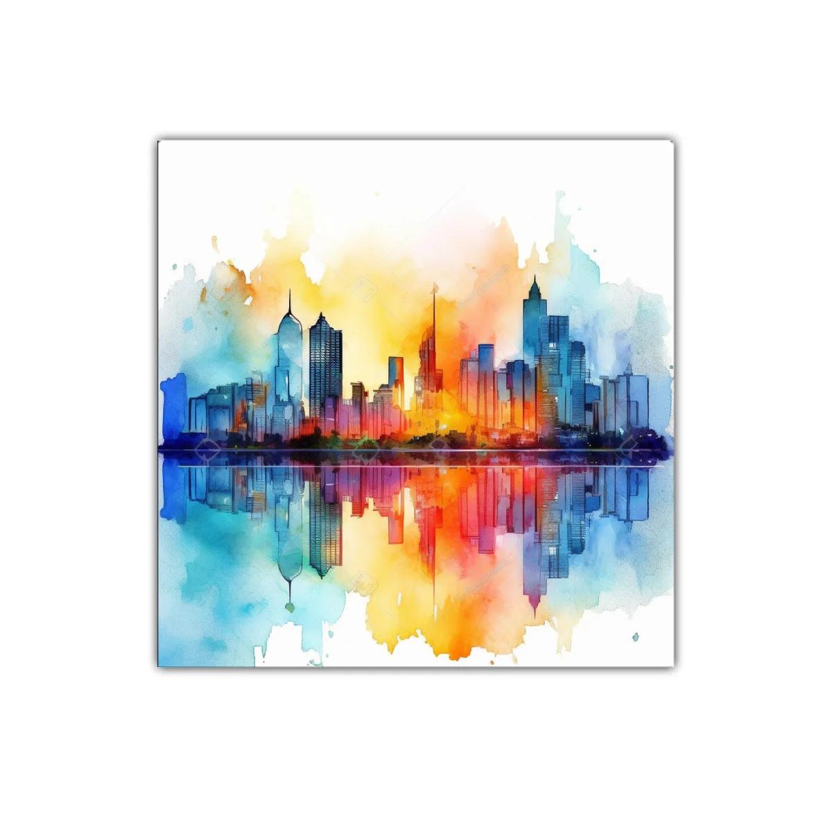 Ciudad vibrante con reflejos en tonos cálidos y fríos