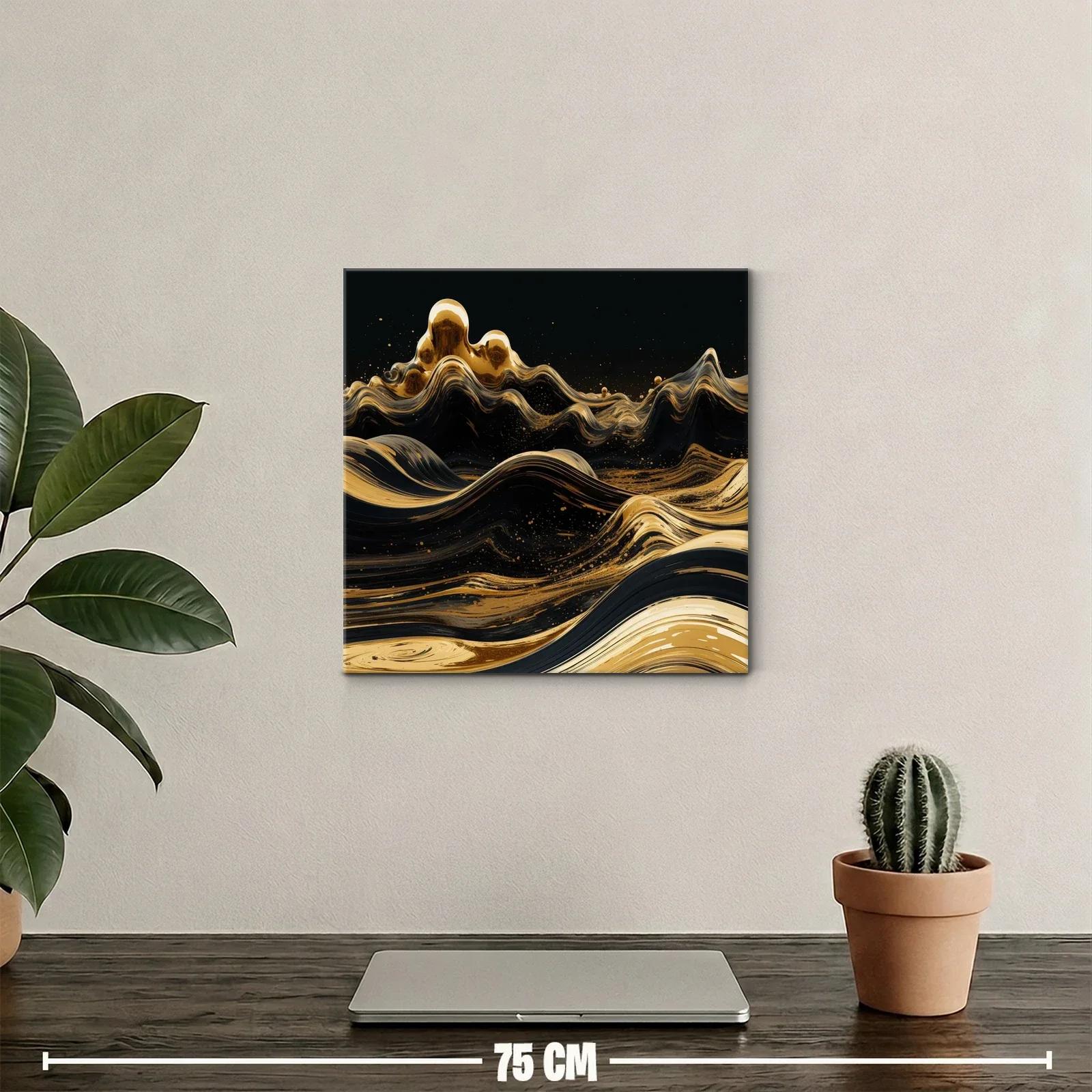 Cuadro abstracto con olas doradas sobre fondo negro — miniatura 2