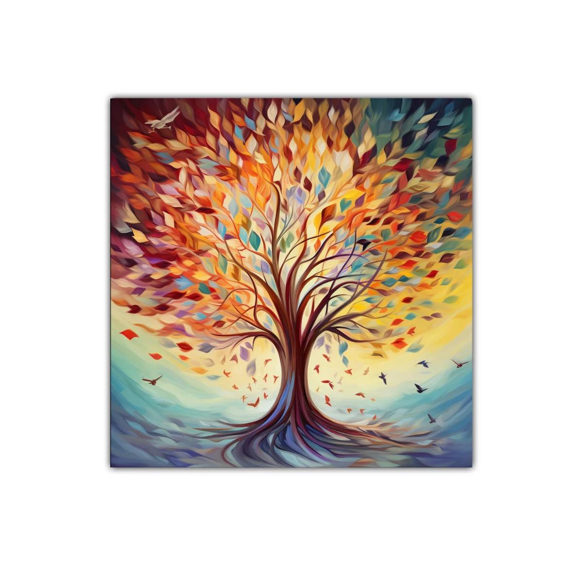 Cuadro vibrante de árbol con hojas coloridas en movimiento