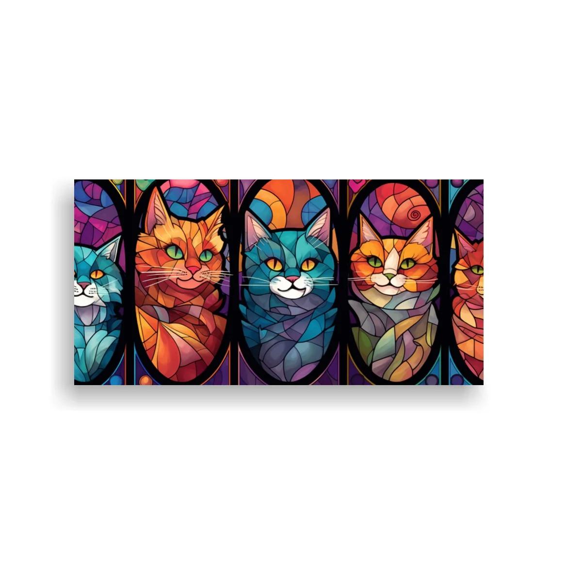 Cuadro cinco gatos de colores con efecto vidriera geométrico — imagen principal