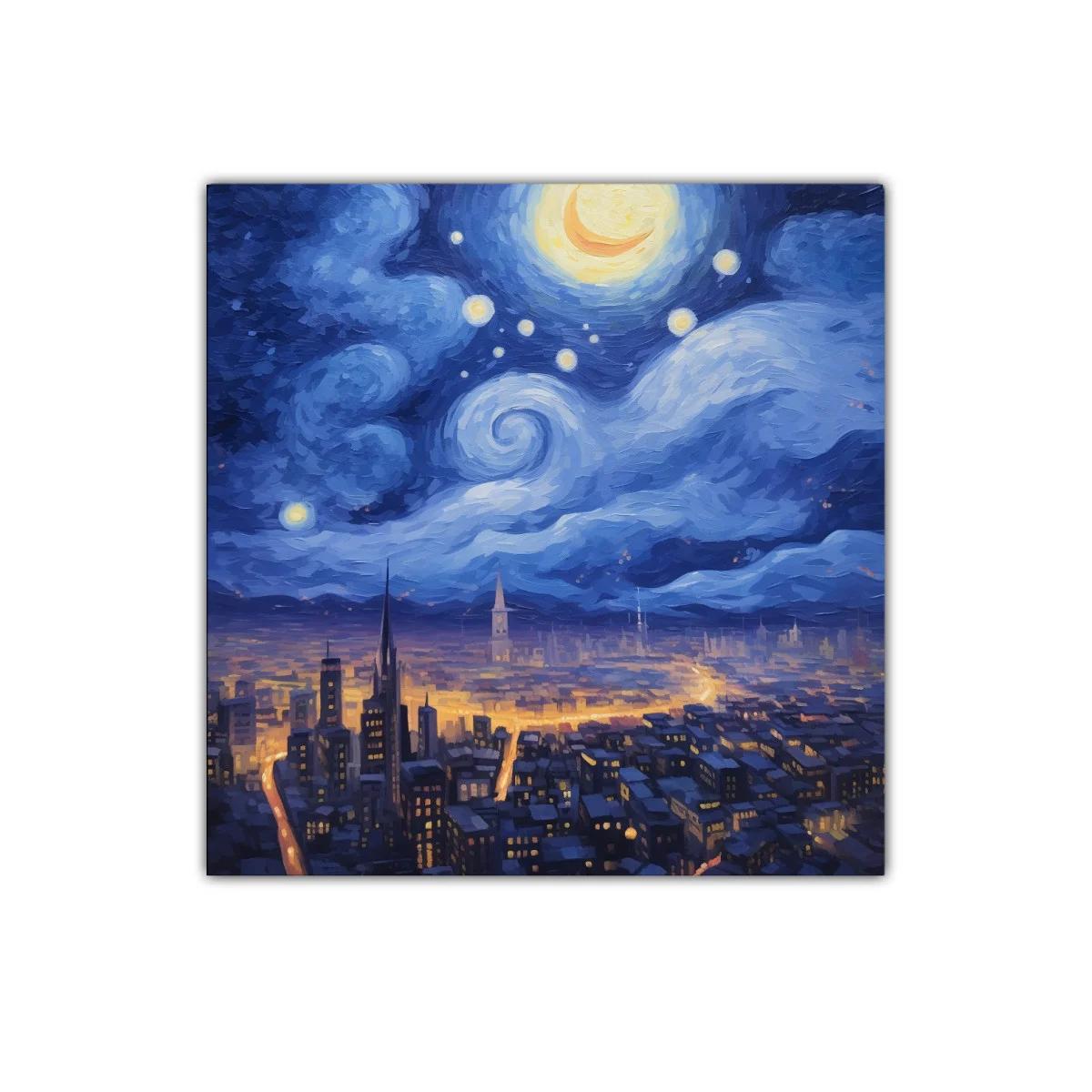 Ciudad nocturna iluminada bajo un cielo estrellado y luna creciente — imagen principal