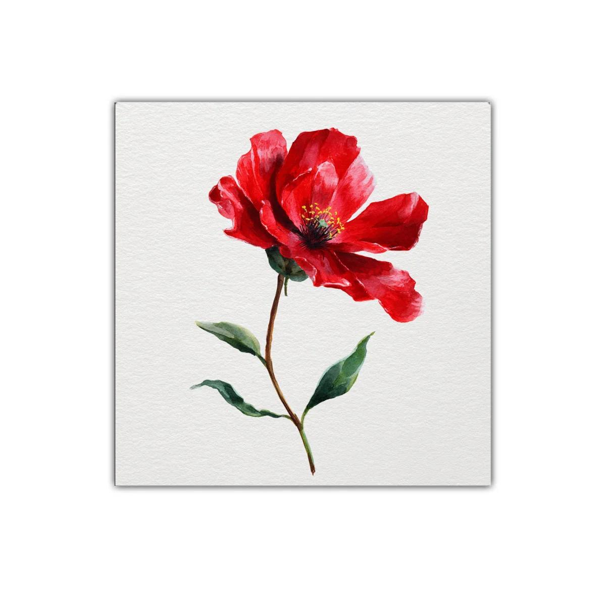 Cuadro decorativo flor roja vibrante con hojas verdes