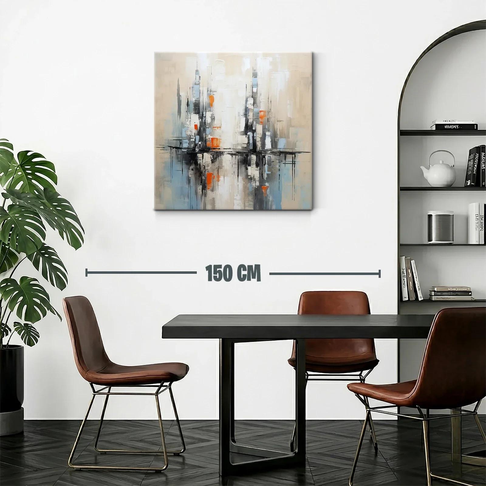 Cuadro abstracto con reflejos urbanos en tonos neutros y naranjas — miniatura 2