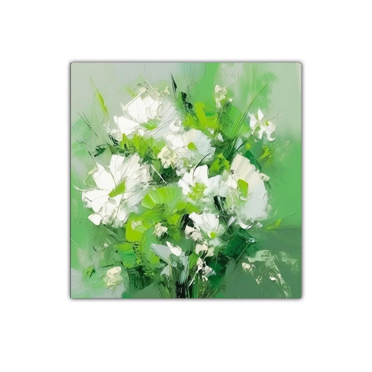 Cuadro decorativo con flores blancas y verdes vibrantes