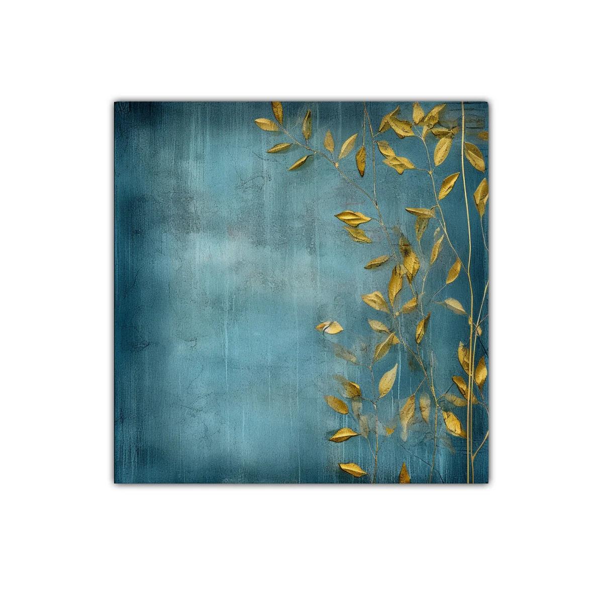 Cuadro decorativo elegante con hojas doradas sobre fondo azul — imagen principal