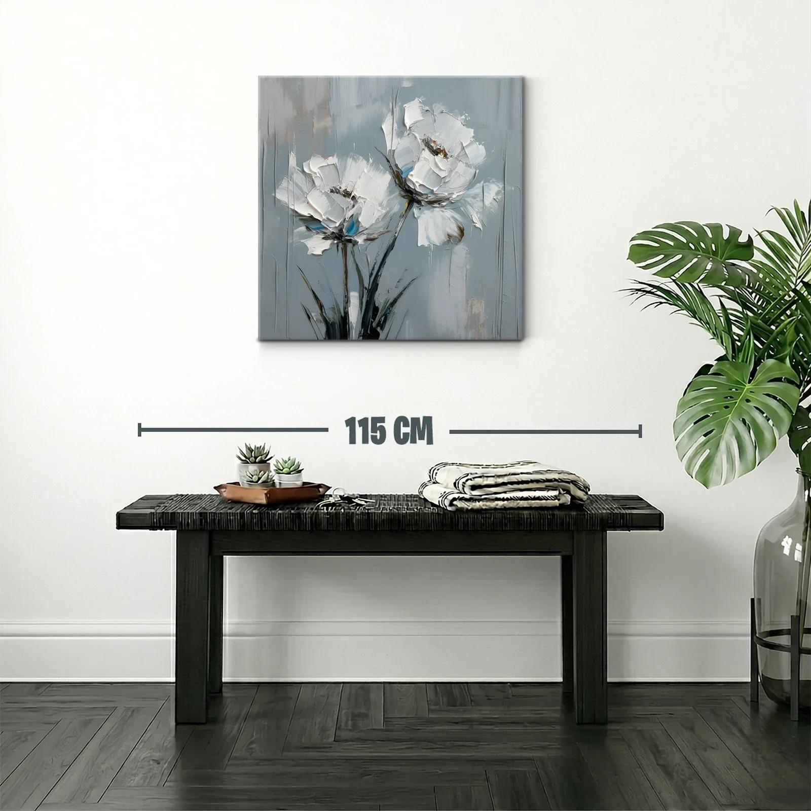 Cuadro moderno con flores blancas sobre fondo gris azulado — miniatura 2