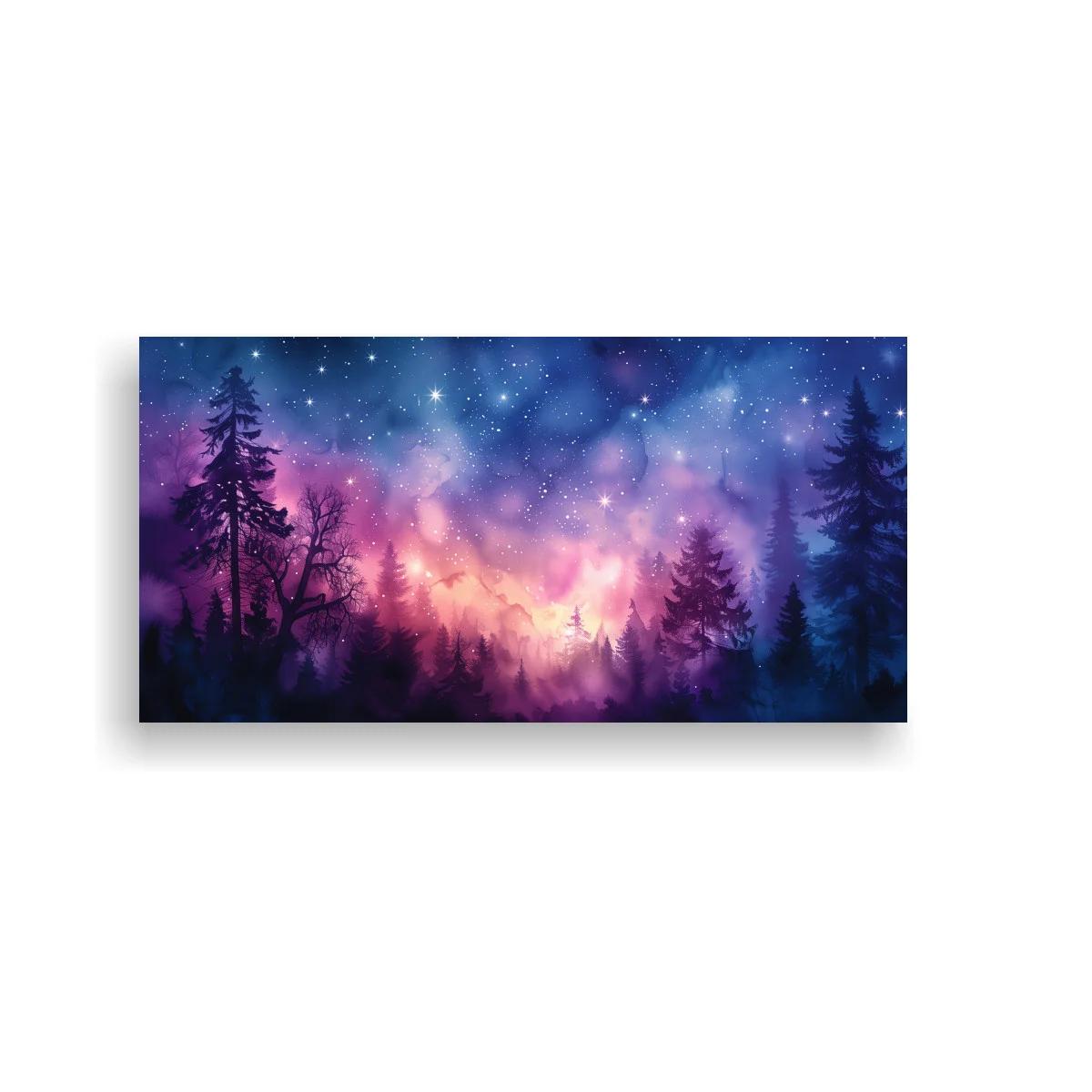 Cuadro bosque de pinos con nebulosa violeta