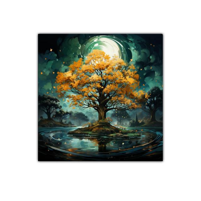 Árbol dorado en isla mágica con reflejos en agua