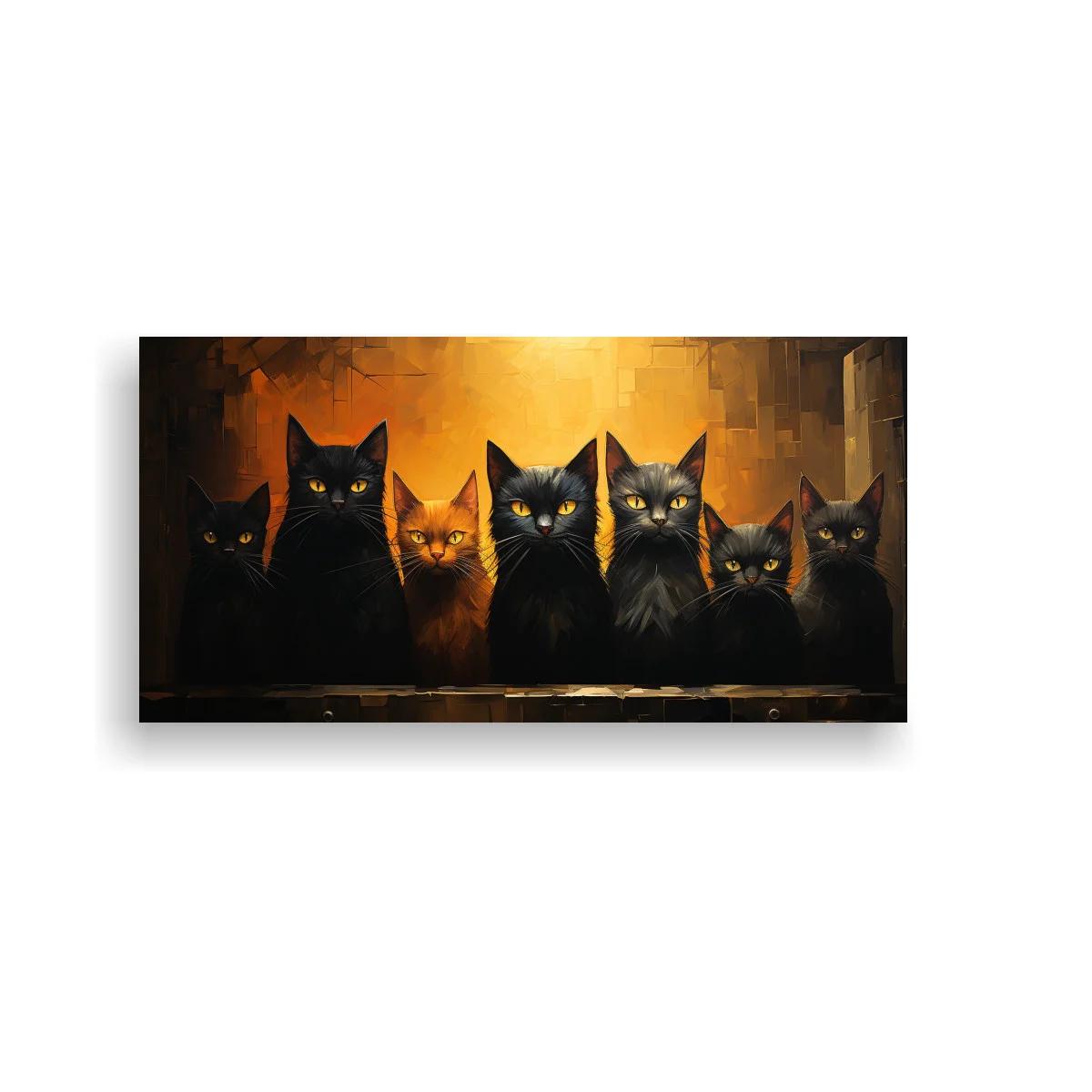 Cuadro grupo de gatos negros con fondo ámbar iluminado — imagen principal