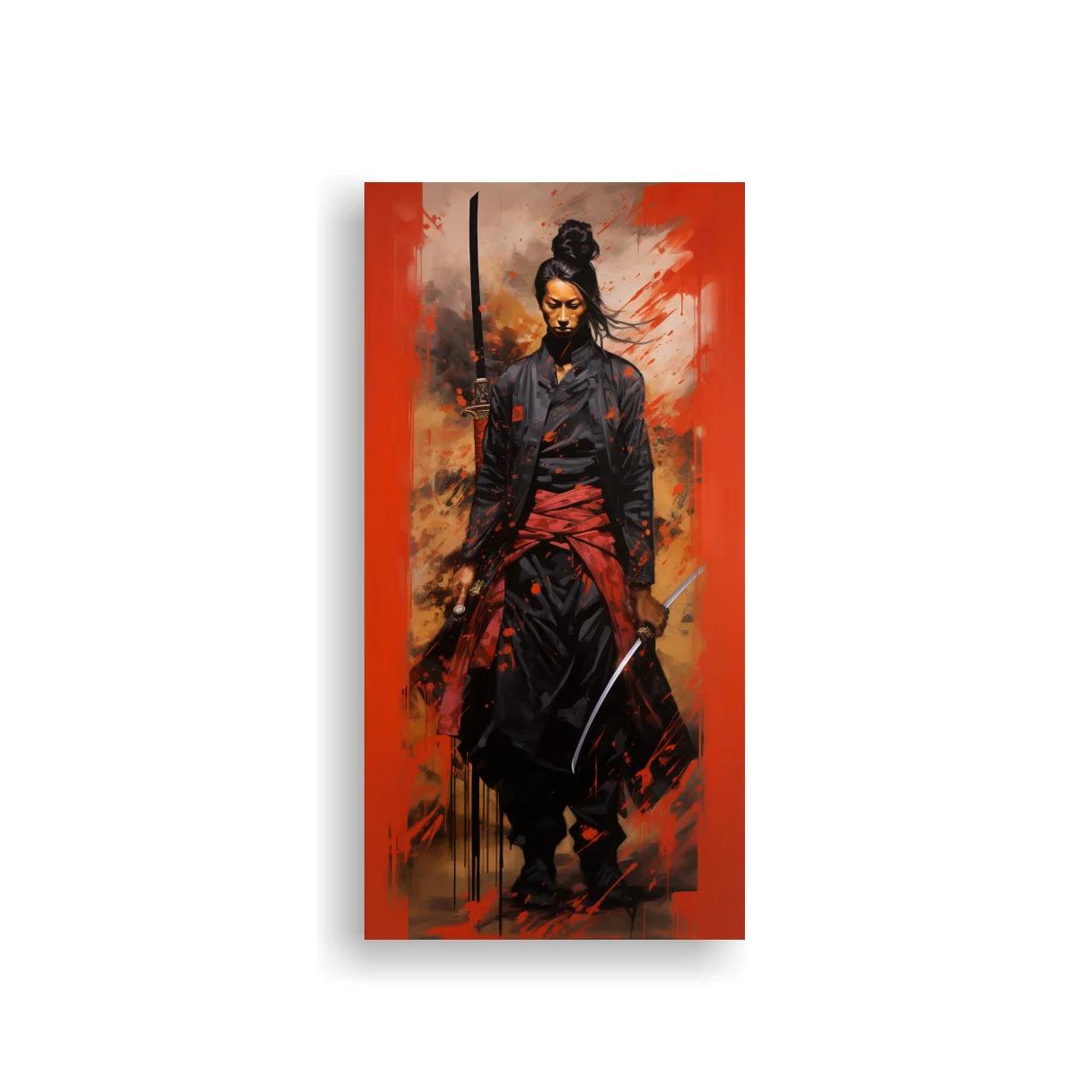 Cuadro samurái con katana y fajín rojo