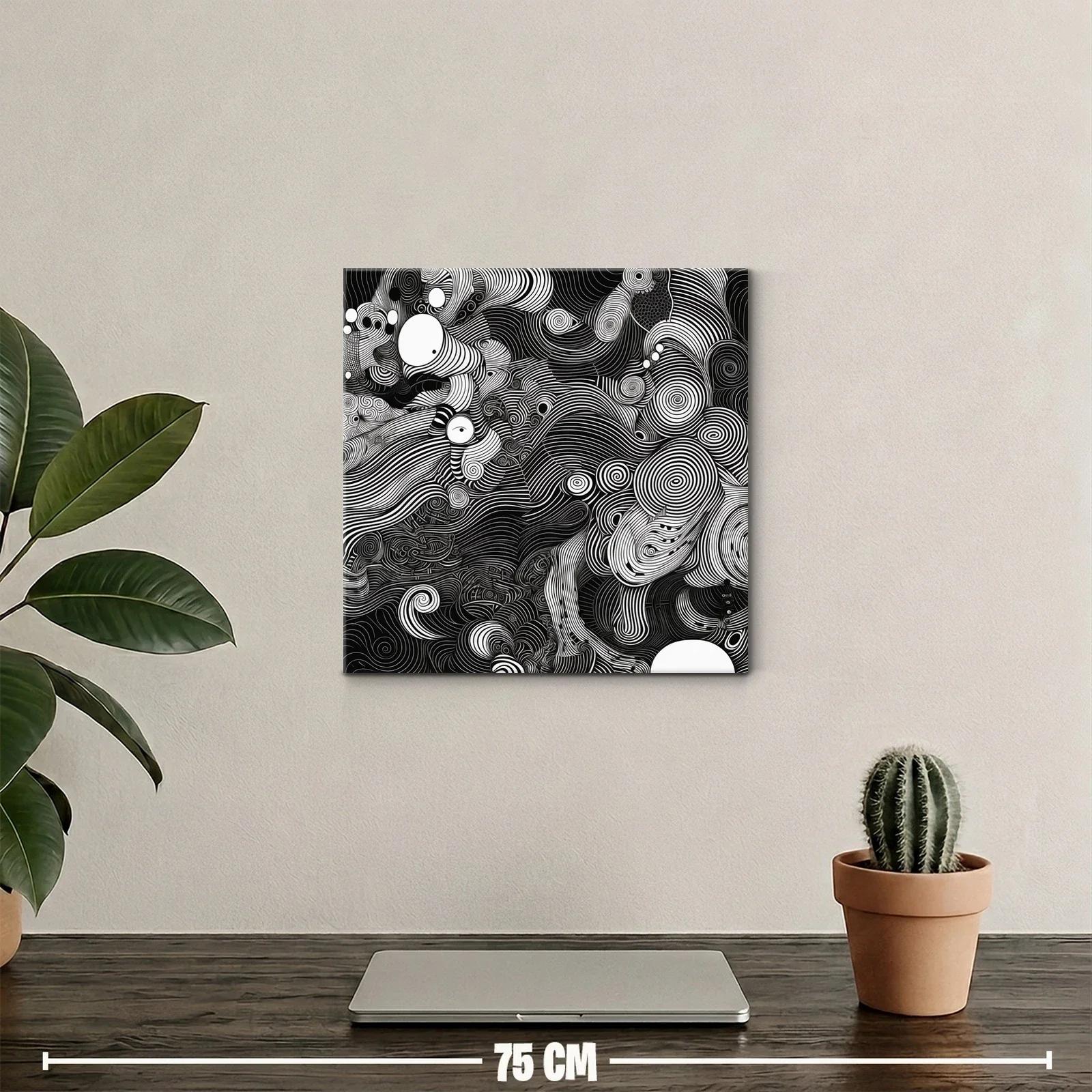 Cuadro abstracto en blanco y negro con líneas onduladas y espirales — miniatura 2