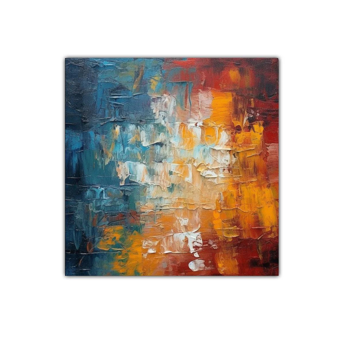 Cuadro abstracto con texturas y colores cálidos y fríos