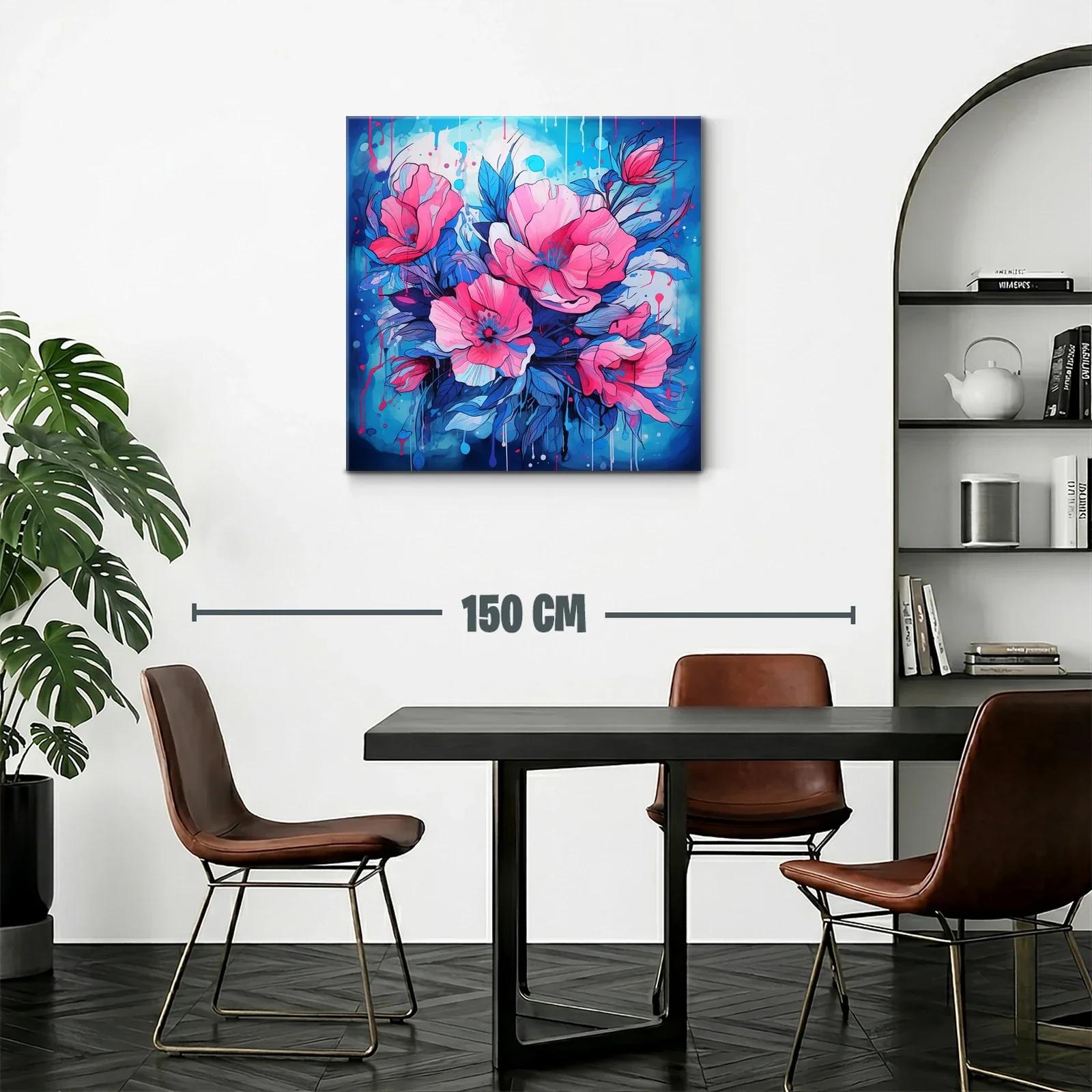 Cuadro vibrante con flores rosas y azul eléctrico — miniatura 2