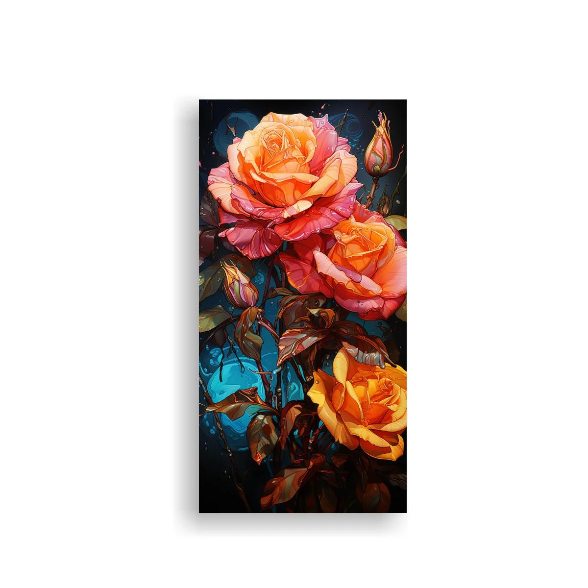 Cuadro rosas anaranjadas con capullos y fondo oscuro