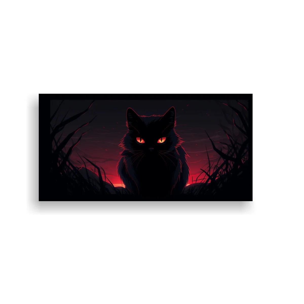 Cuadro gato negro con ojos brillantes y fondo rojizo