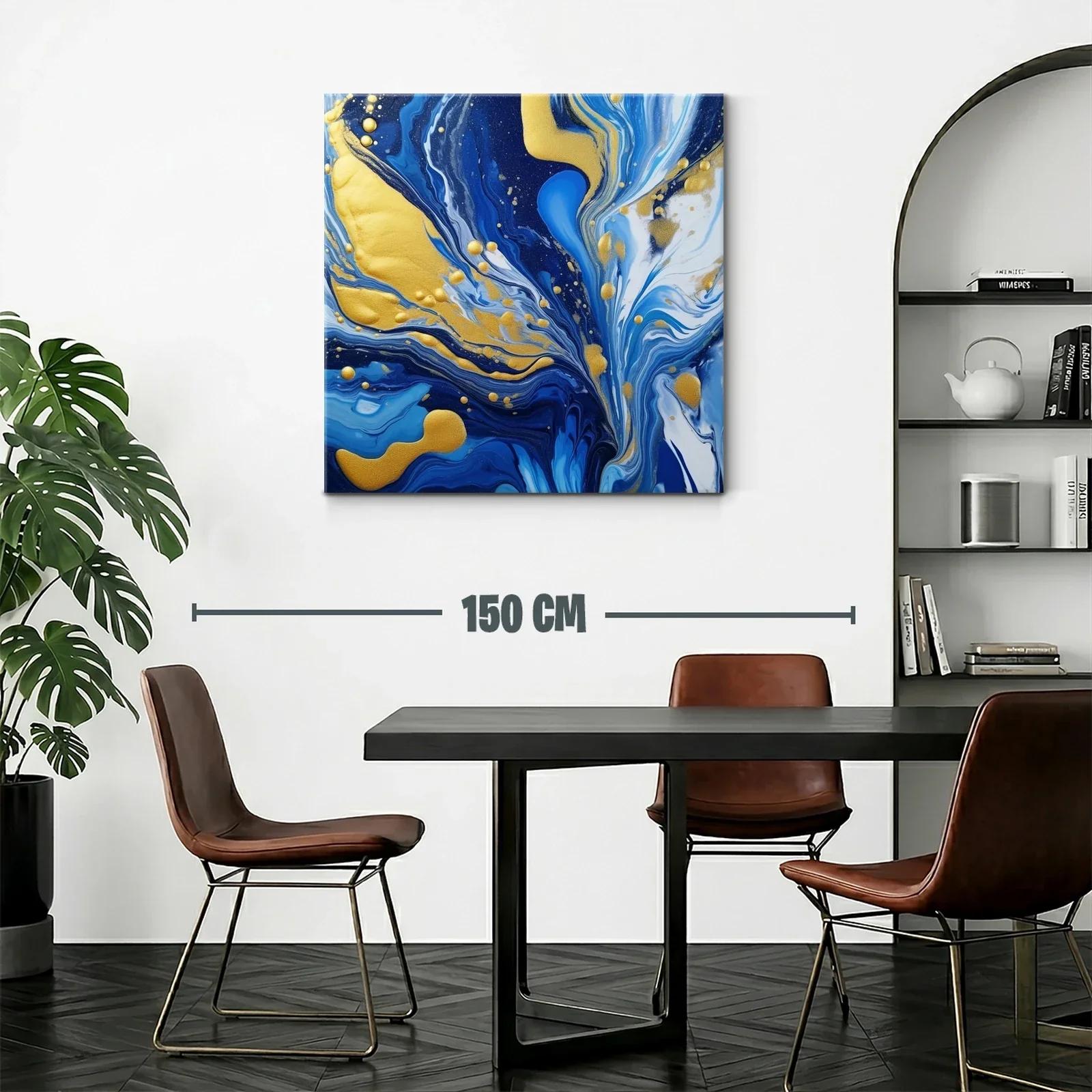 Cuadro abstracto en tonos azules con detalles dorados brillantes — miniatura 2