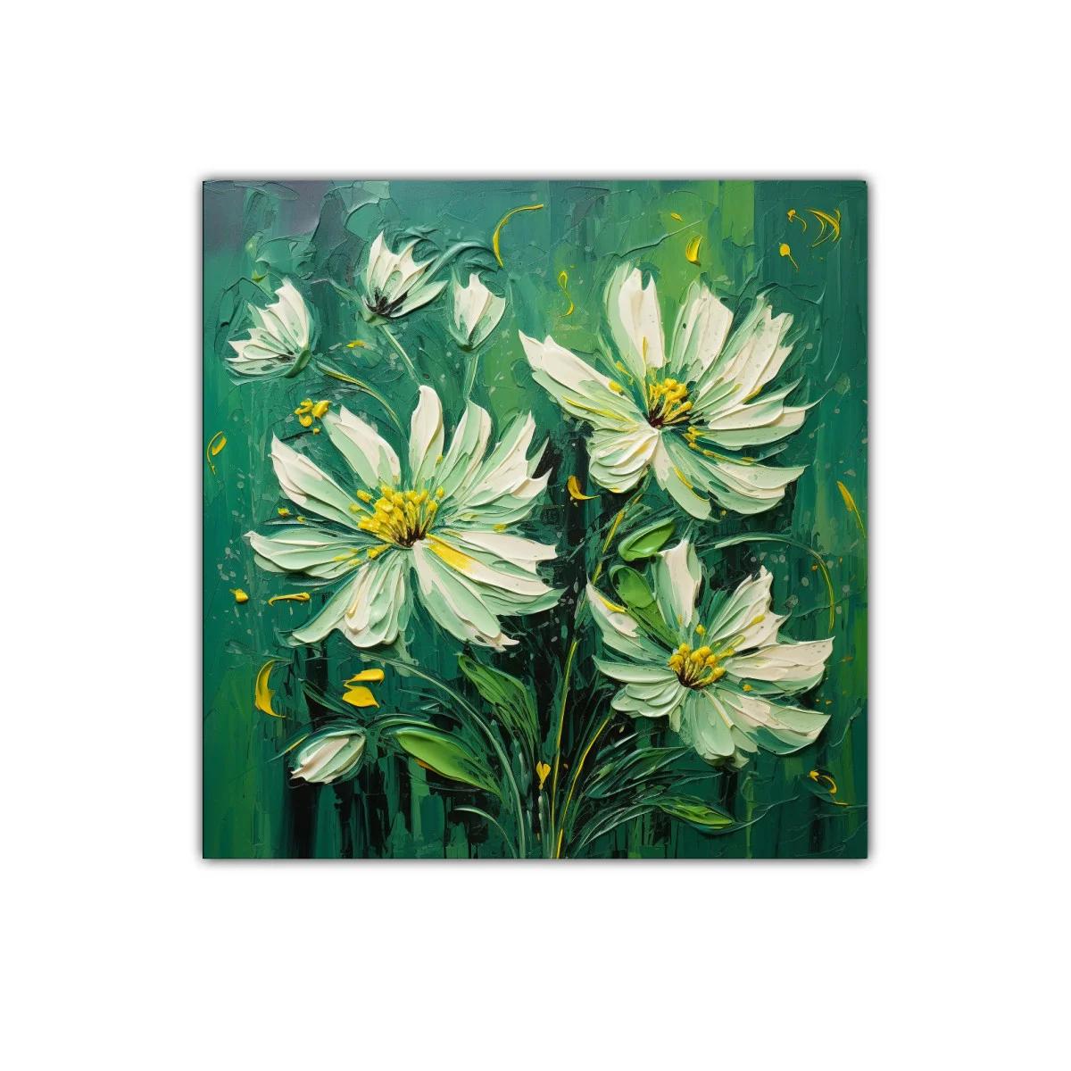 Cuadro flores blancas sobre fondo verde intenso
