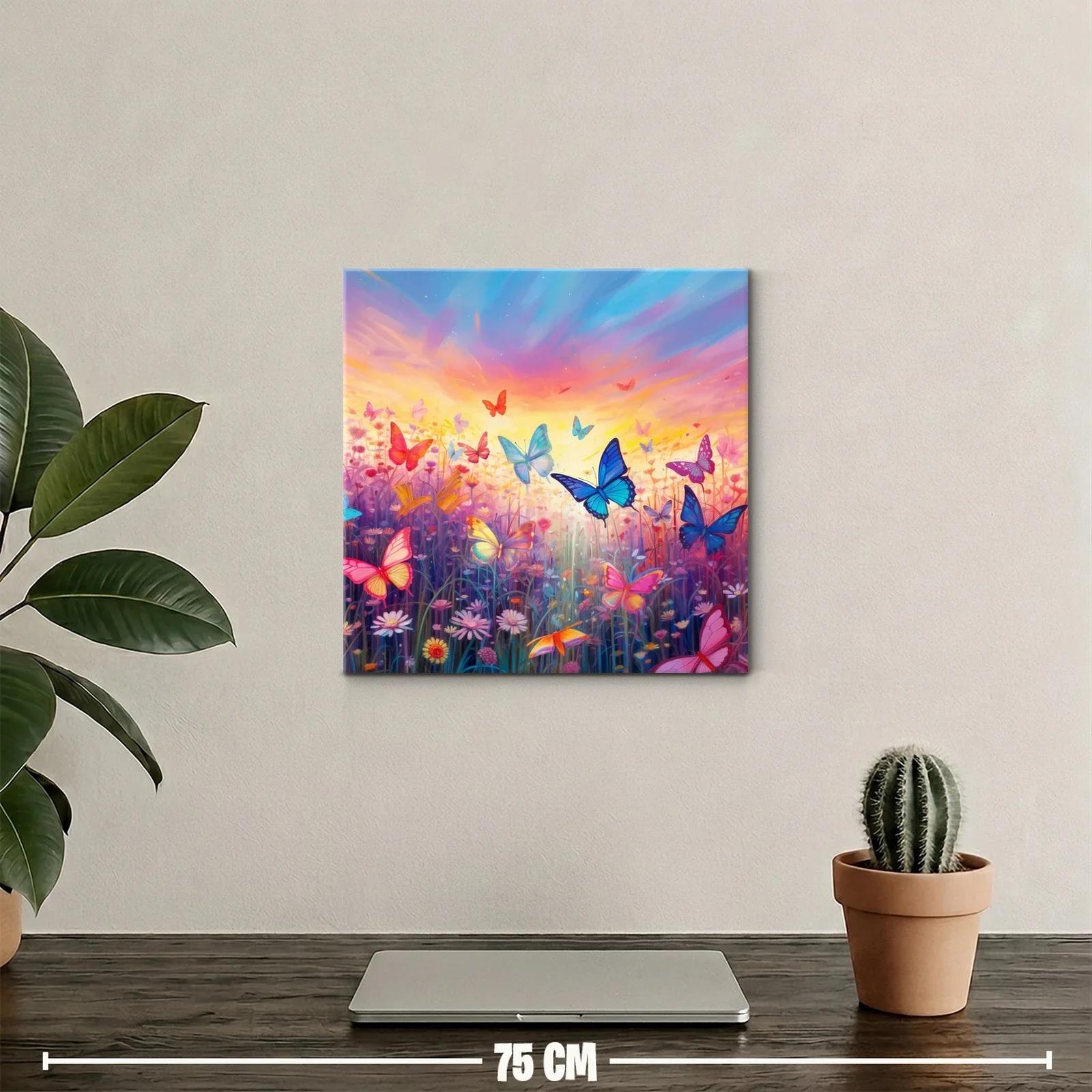 Mariposas en vuelo sobre campo de flores al amanecer — miniatura 2