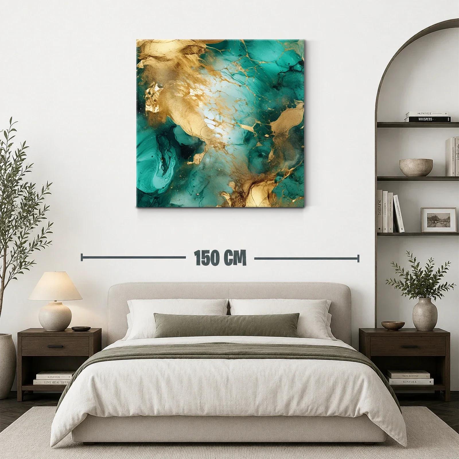 Cuadro abstracto con tonos dorados y verdes vibrantes — miniatura 3
