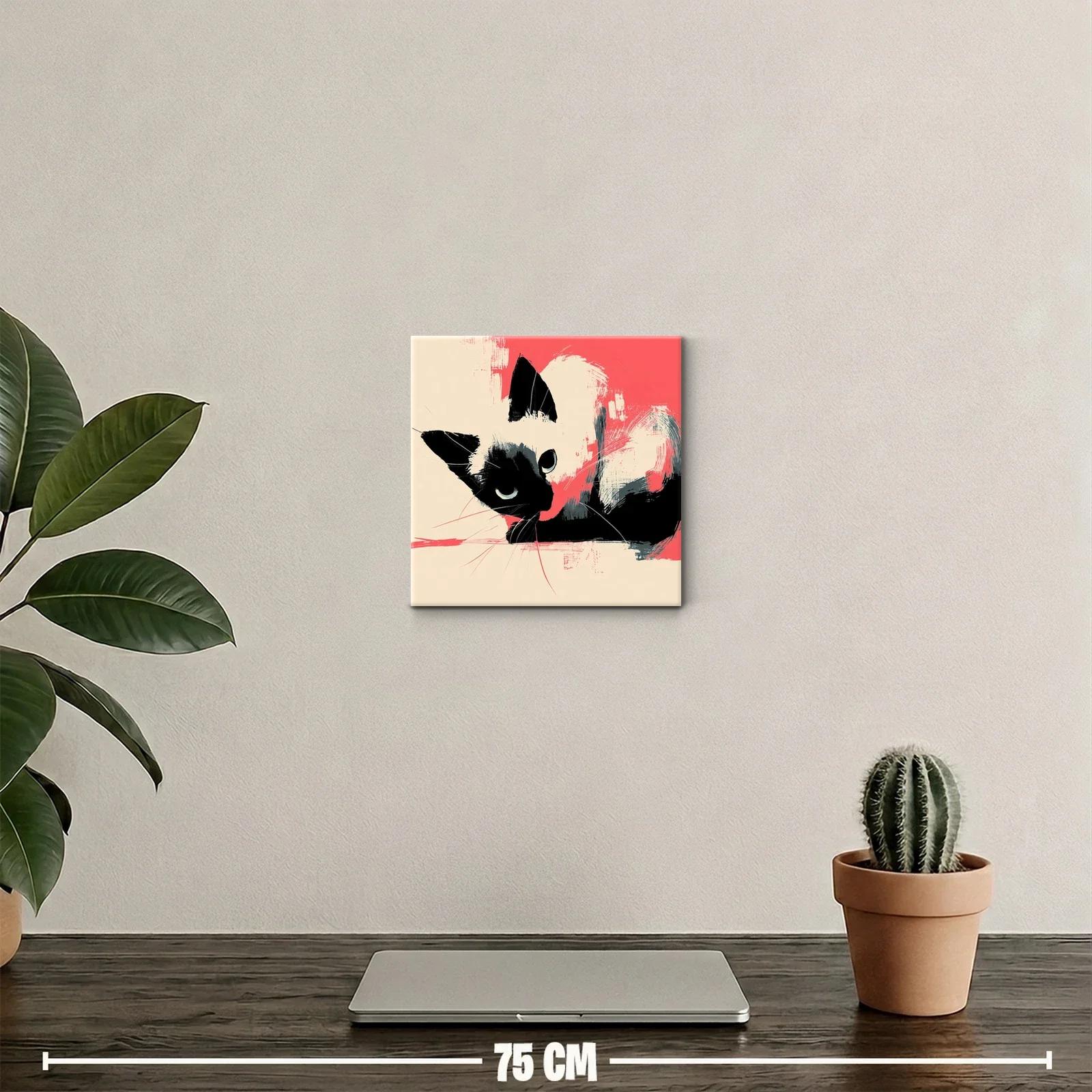 Cuadro decorativo de gato con contraste dramático en tonos coral — miniatura 2