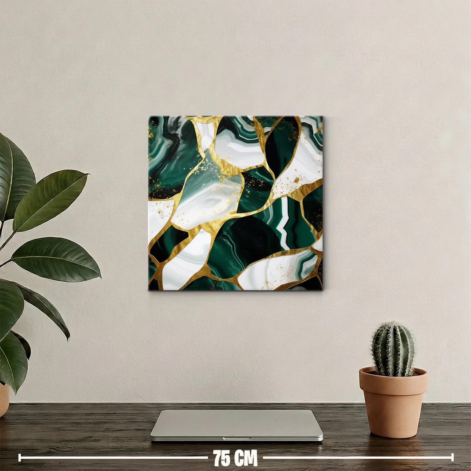 Cuadro abstracto con vetas verdes y detalles dorados — miniatura 2