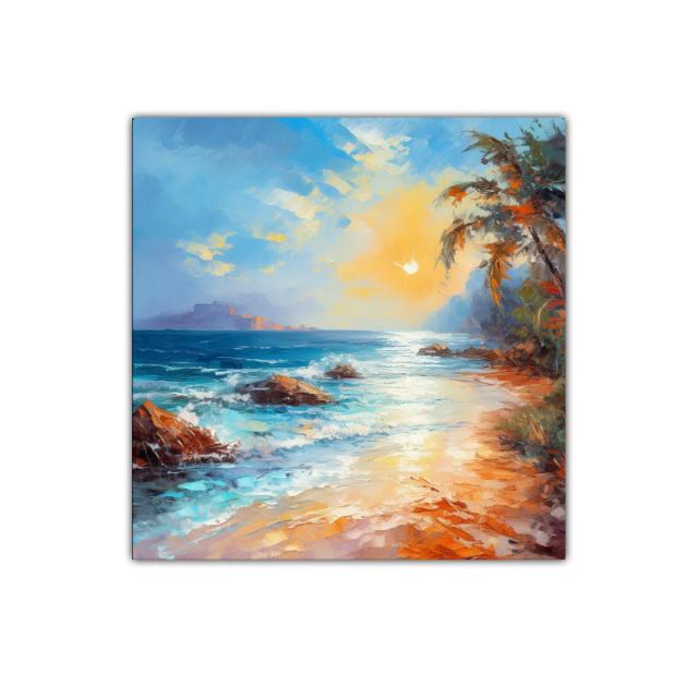 Atardecer brillante en costa tropical con palmeras