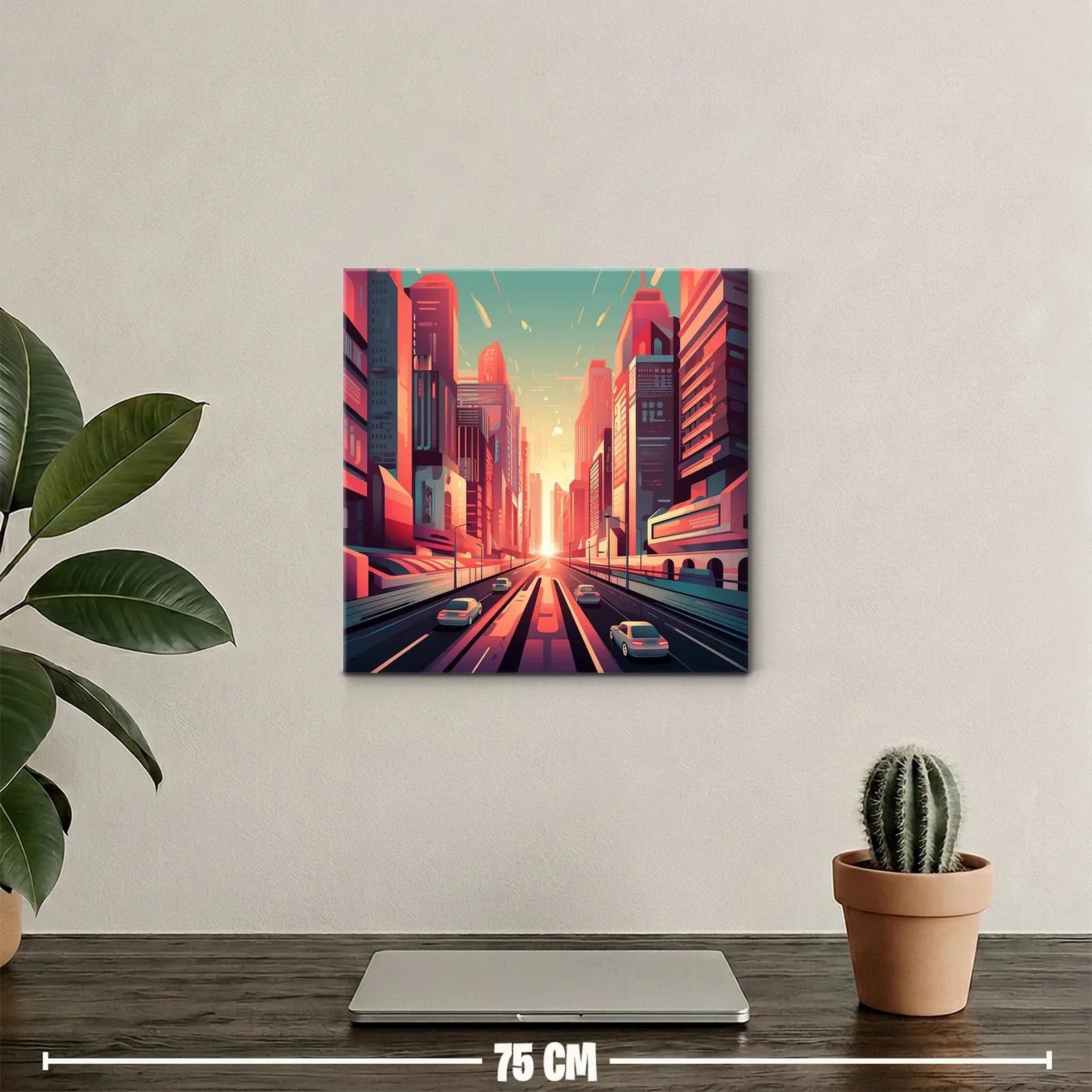 Ciudad futurista al atardecer con tonos cálidos y vibrantes — miniatura 2