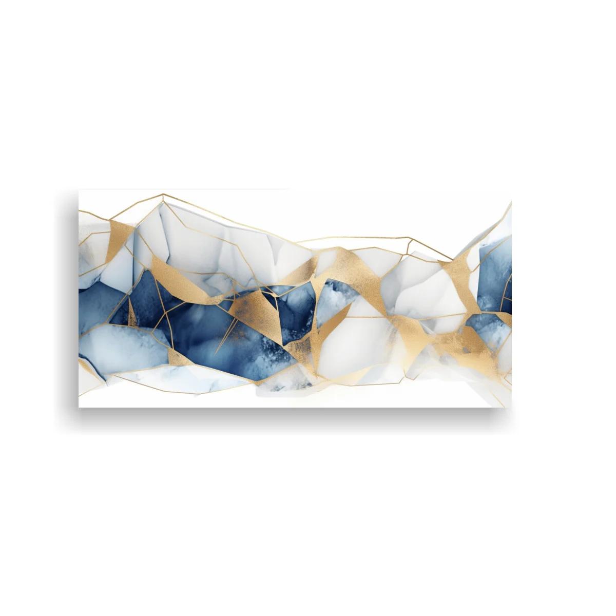 Cuadro paisaje abstracto de montañas azules con líneas doradas