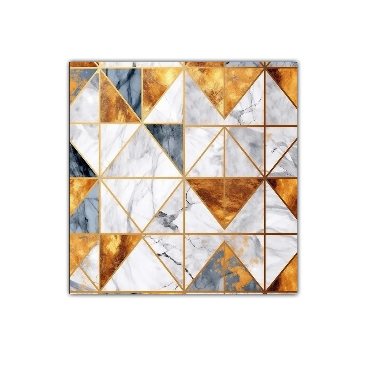 Cuadro decorativo con diseño geométrico en tonos dorados y mármol