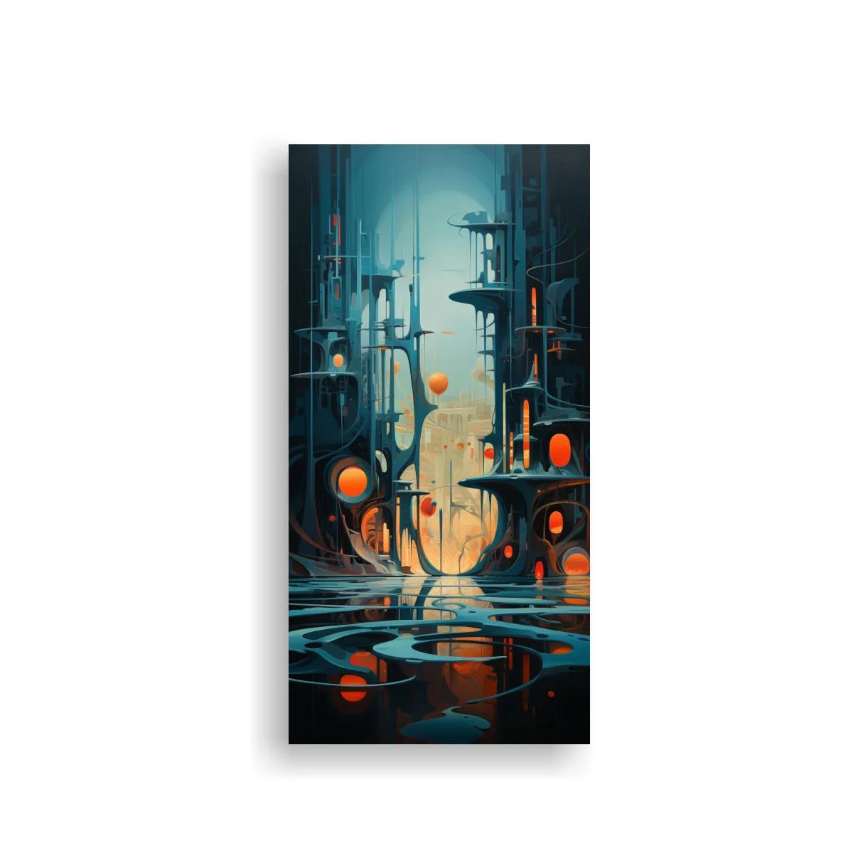 Cuadro ciudad futurista con orbes naranjas y reflejos en el agua