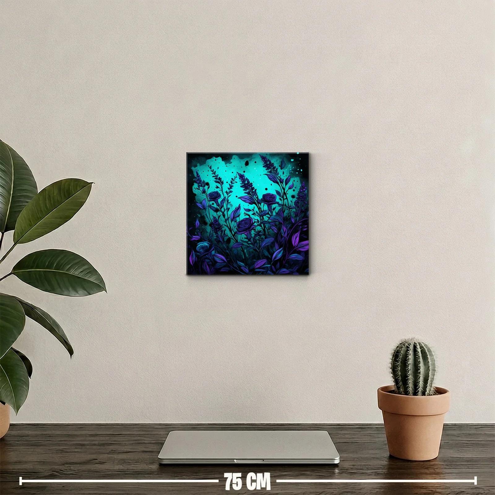 Cuadro decorativo con flores azul y morado en fondo turquesa — miniatura 2