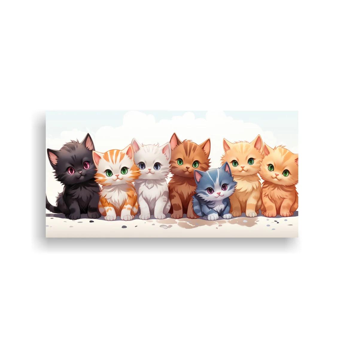 Cuadro grupo de siete gatitos alineados en fondo claro