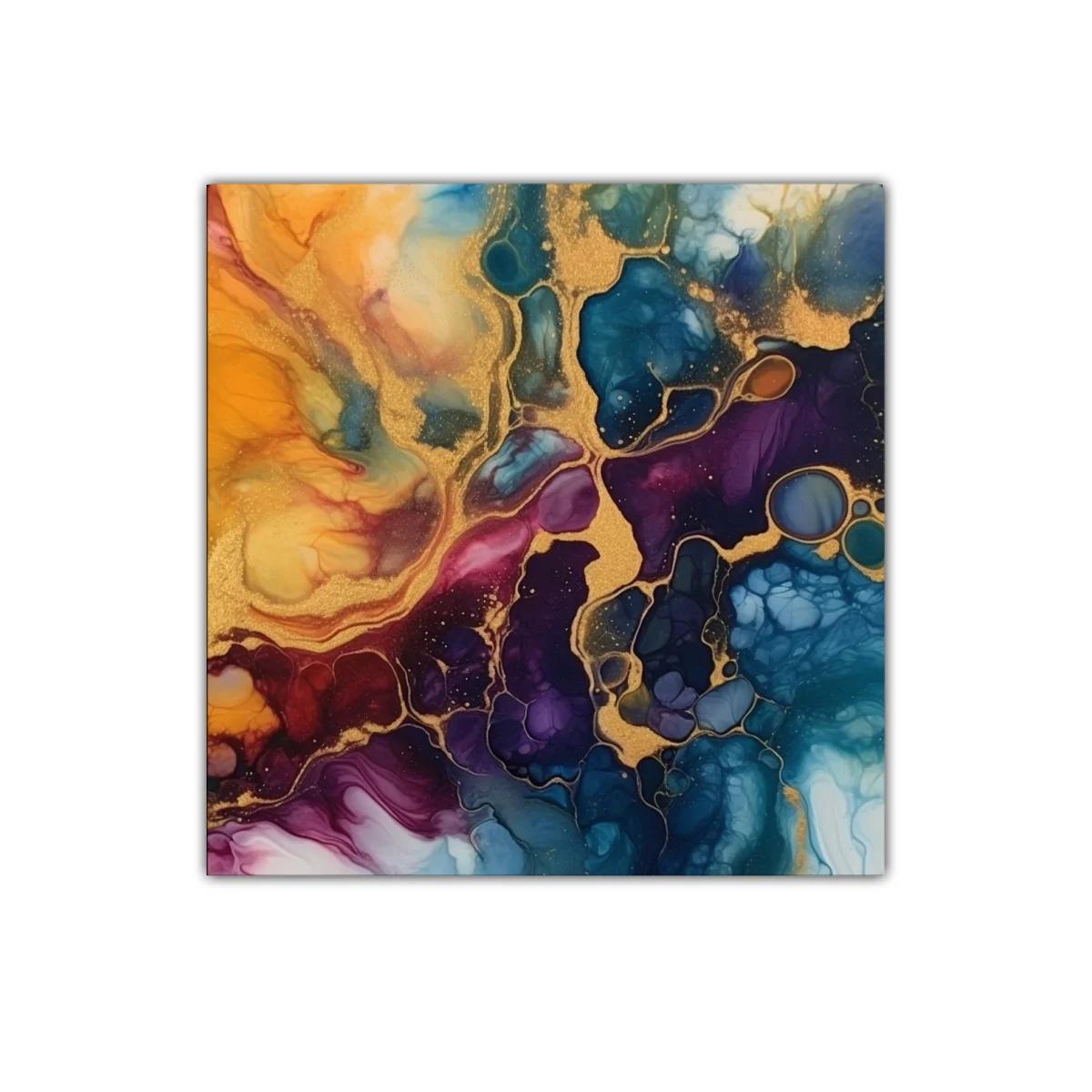 Cuadro abstracto con tonos dorados y azulados intensos — imagen principal