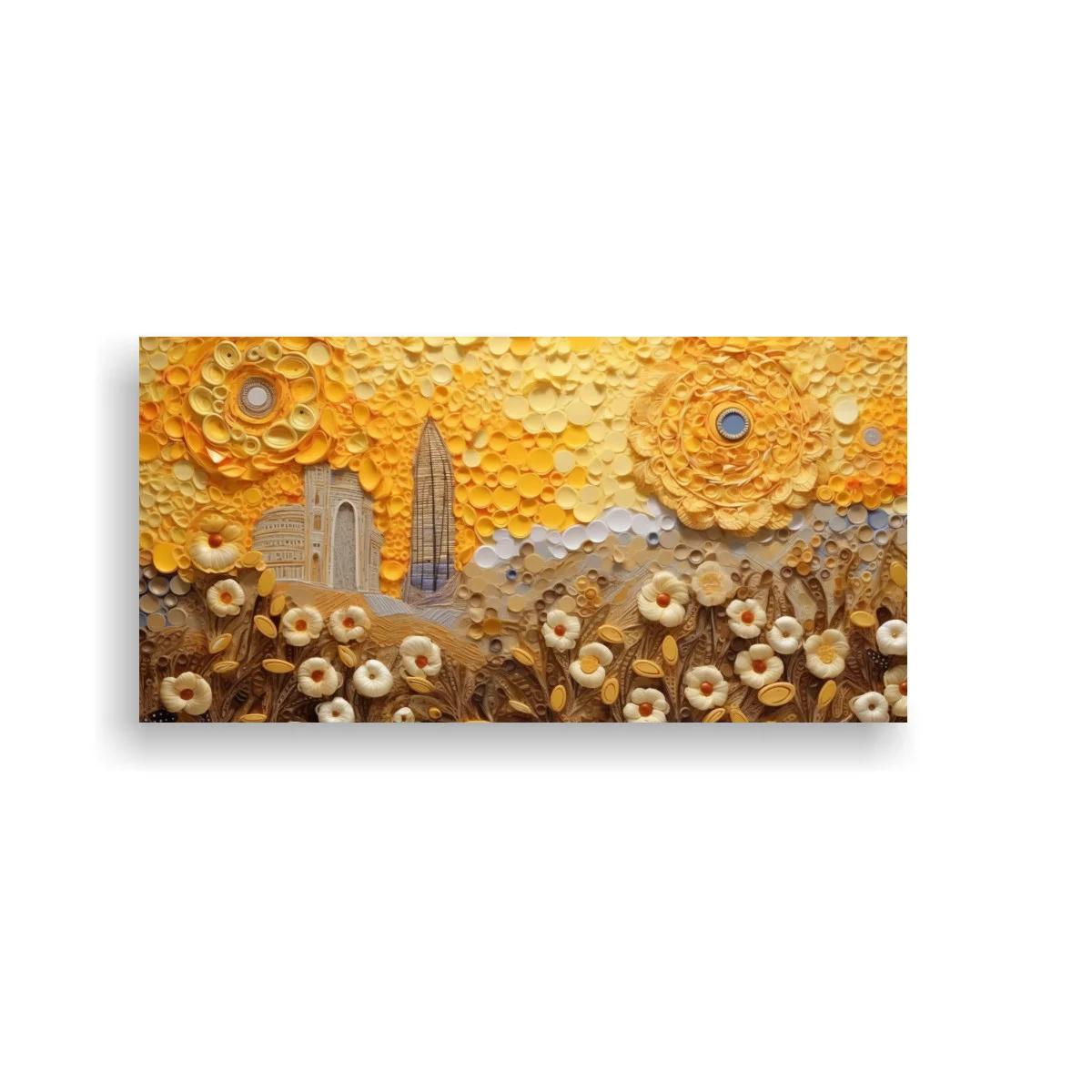 Cuadro flores blancas con cielo dorado texturizado
