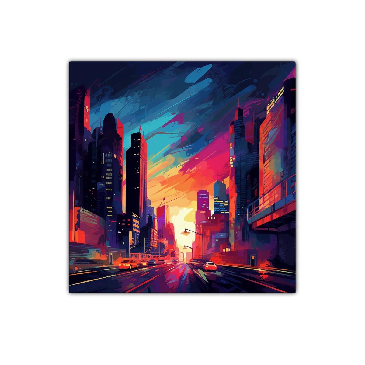 Atardecer vibrante en ciudad moderna con rascacielos coloridos
