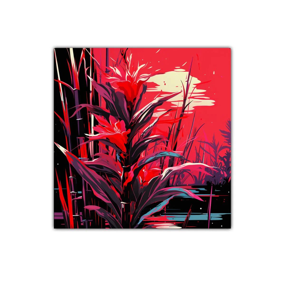 Cuadro vibrante de flora exótica en tonos rojos intensos — imagen principal