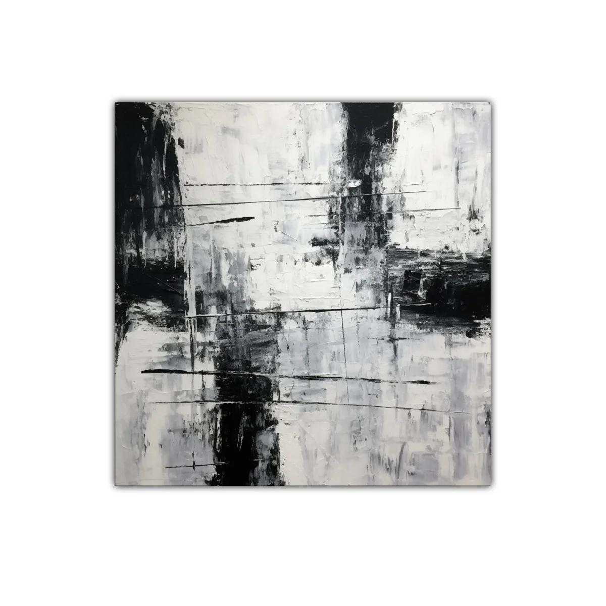 Cuadro abstracto en blanco y negro con textura y líneas dinámicas