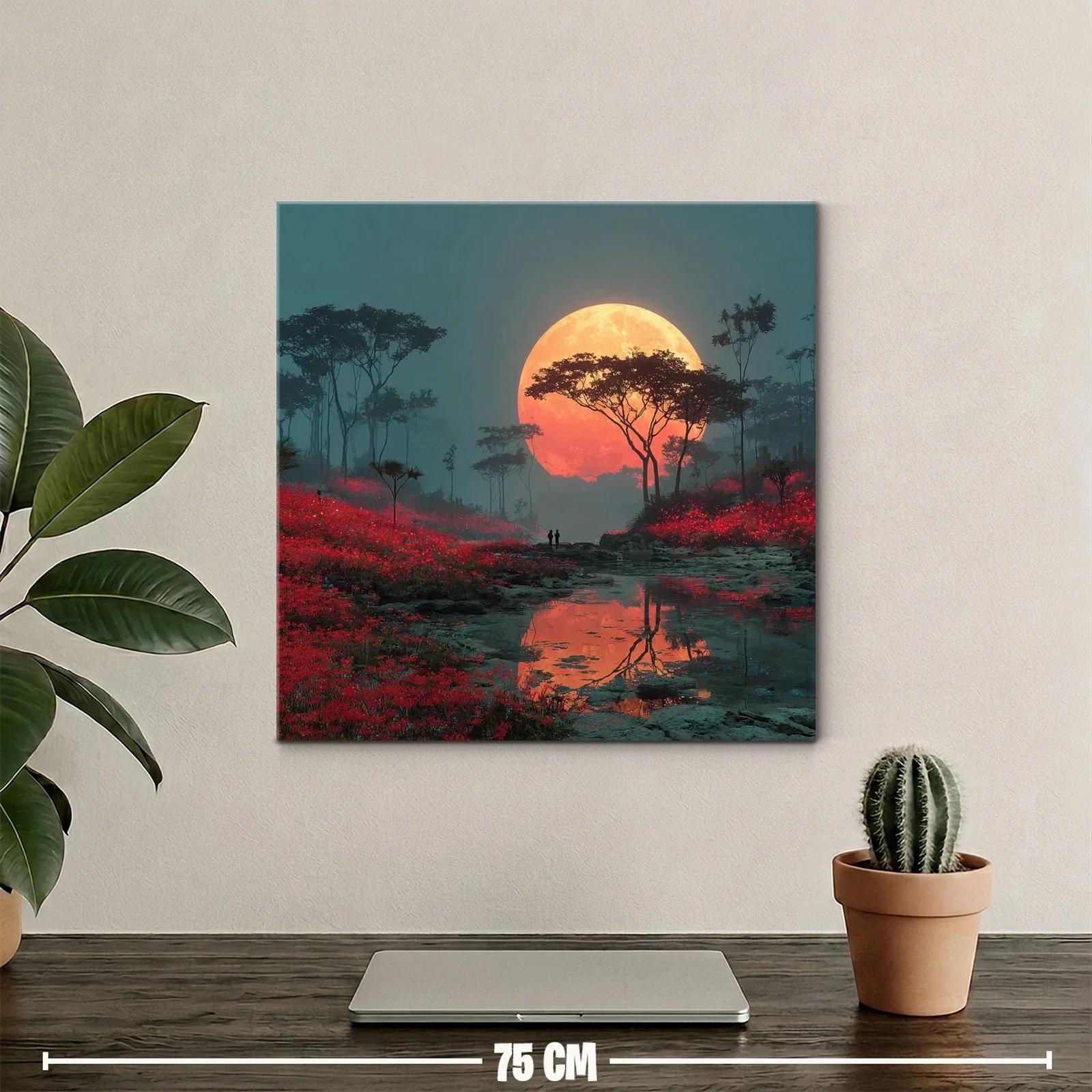 Paisaje nocturno con luna llena y campo rojo vibrante — miniatura 2