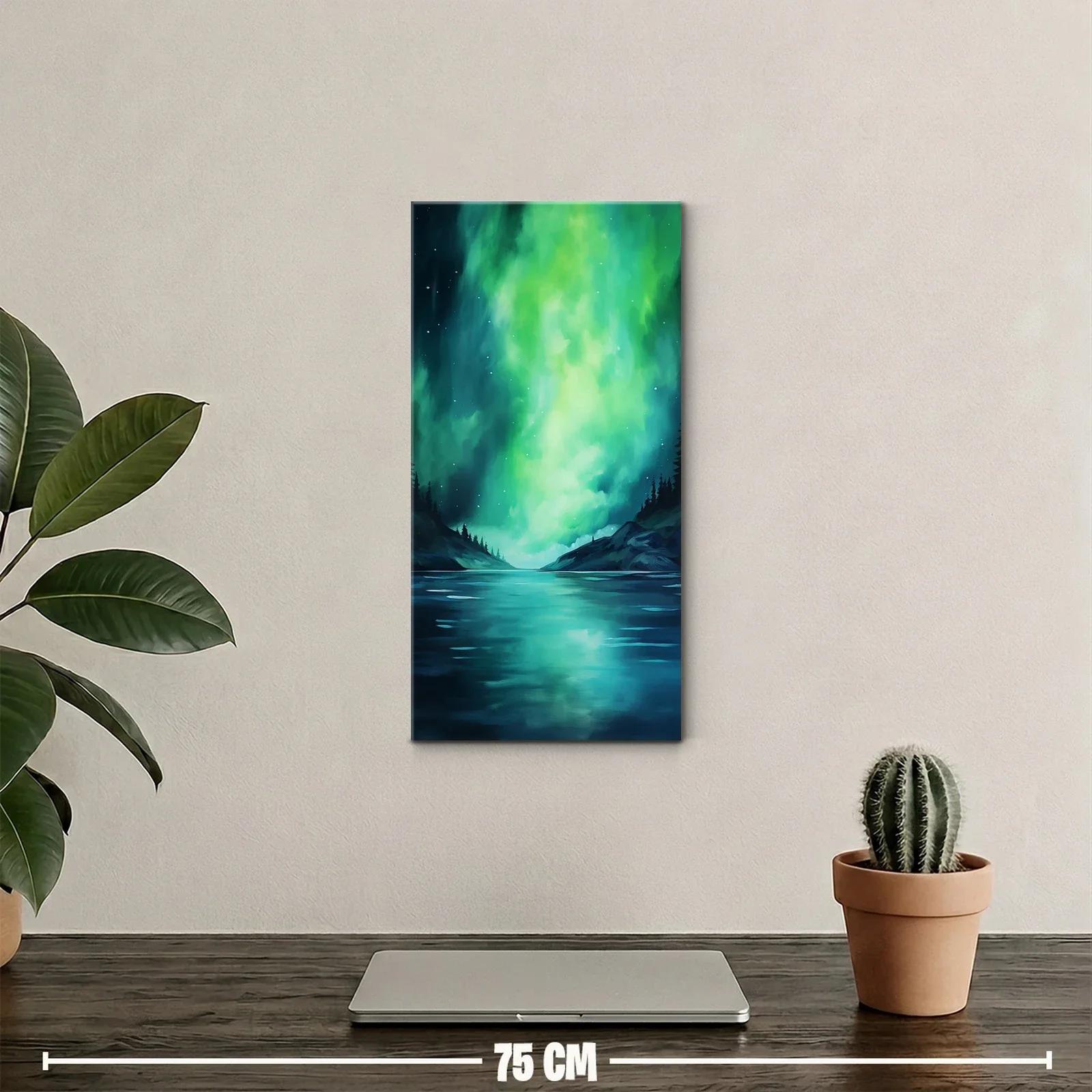 Cuadro aurora boreal sobre un lago con reflejo turquesa — miniatura 2