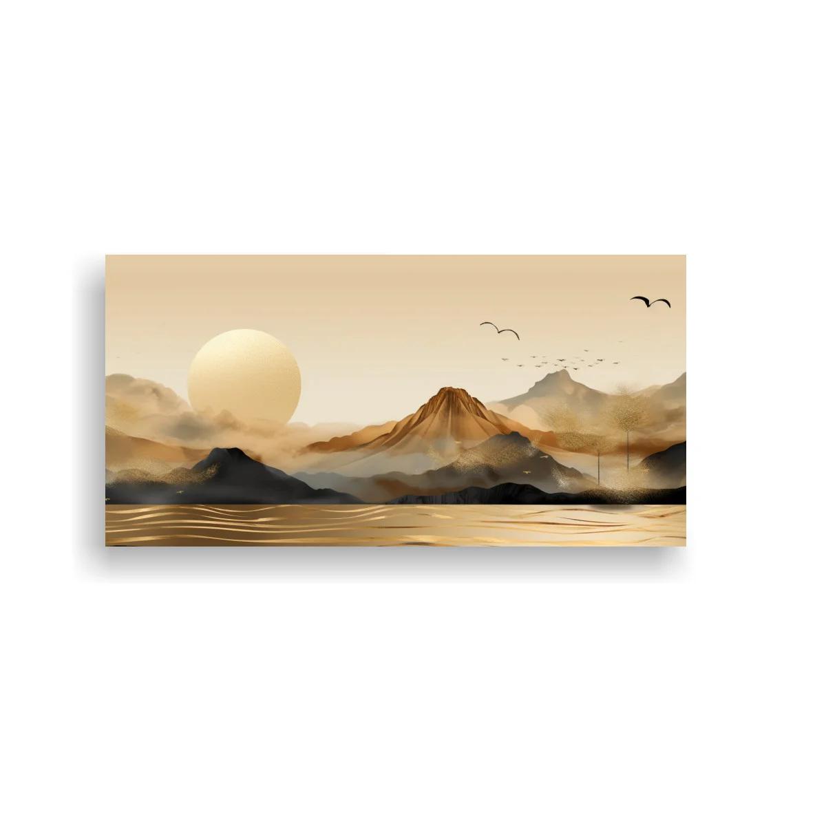 Cuadro paisaje de montañas con sol y agua reflejando la luz
