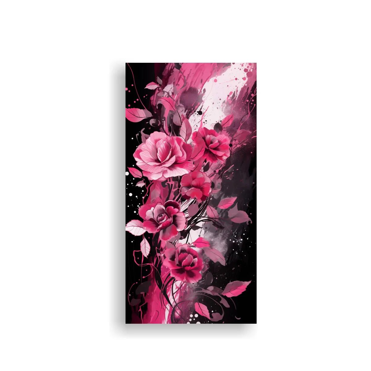 Cuadro flores rosas con efecto de tinta y fondo oscuro