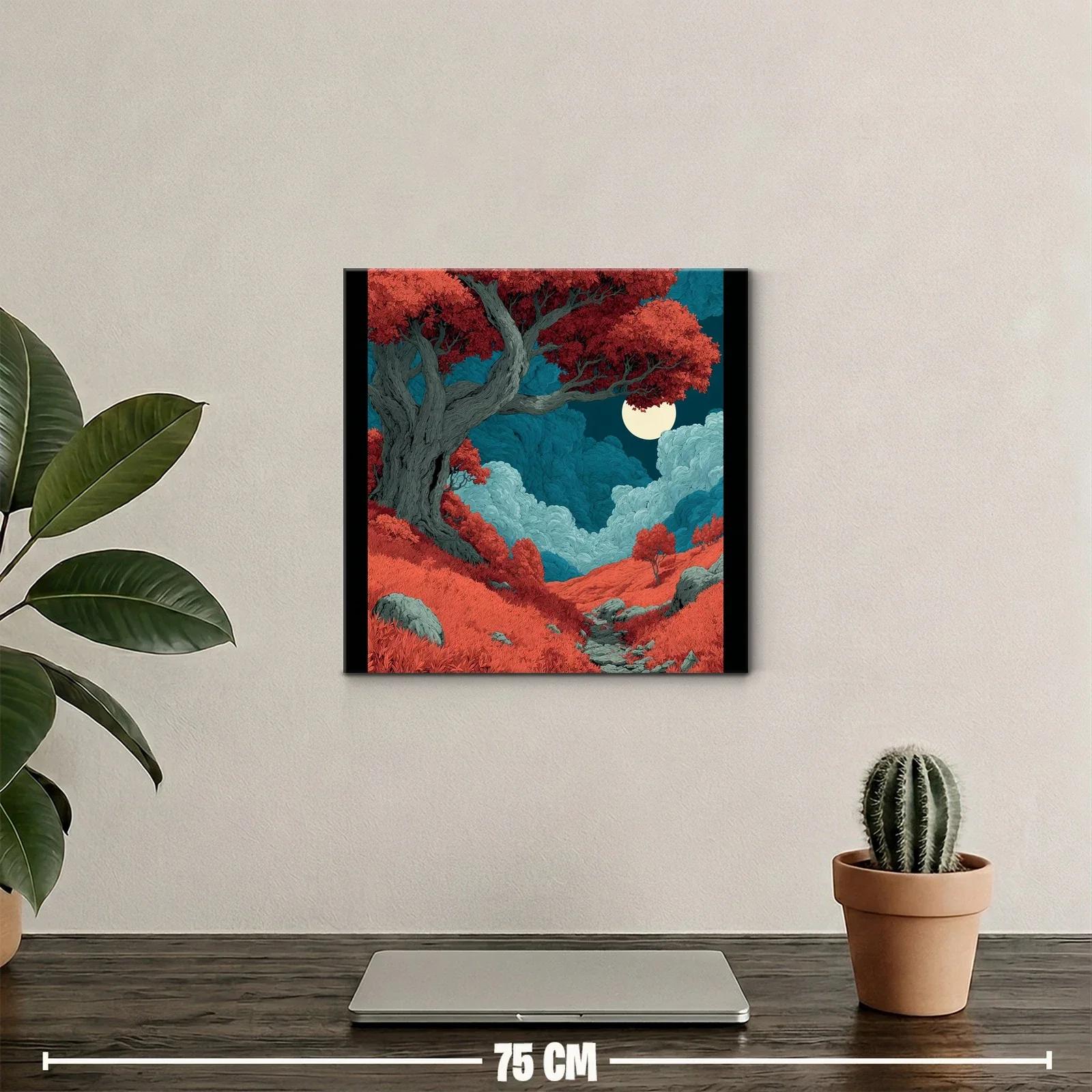 Paisaje mágico con árbol rojo y luna llena brillante — miniatura 2