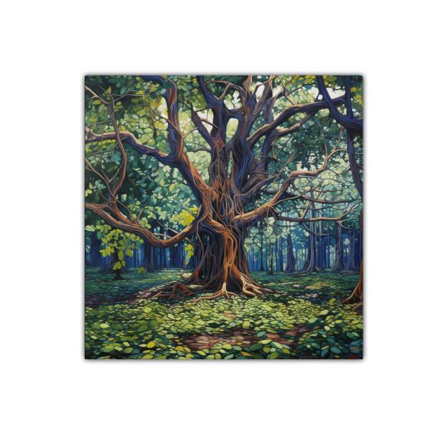 Bosque encantado con árbol de ramas entrelazadas y luz filtra