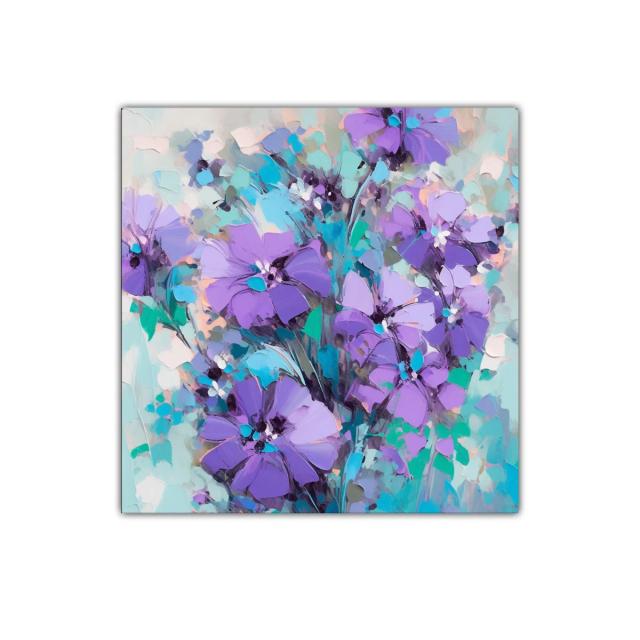 Cuadro decorativo con flores en tonos violetas y turquesas